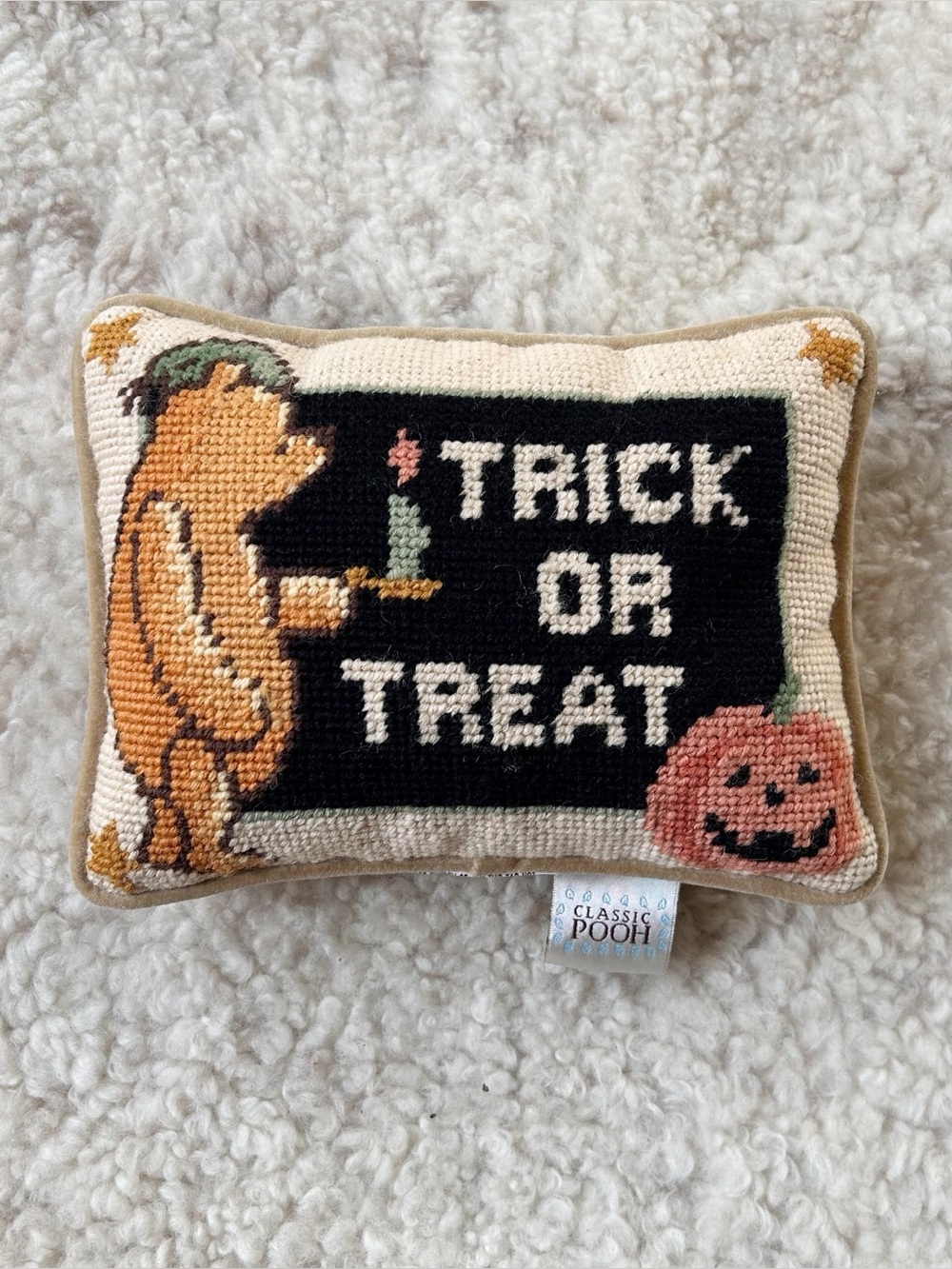 Vintage 90s Classic Pooh Halloween Trick or Treat Mini Needlepoint Pillow Velvet